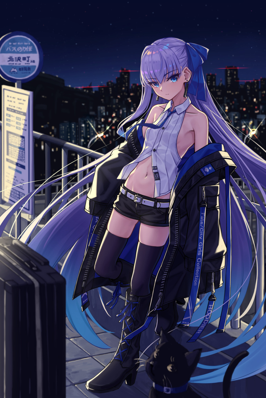 1girl absurdres bare_shoulders black_coat black_footwear black_shorts blue_eyes blue_ribbon blush boots breasts cat cityscape coat collared_shirt earrings fate/grand_order fate_(series) full_body hair_ribbon highres hoodier jewelry long_hair long_sleeves looking_at_viewer meltryllis_(fate) navel necktie night night_sky off_shoulder purple_hair ribbon shirt short_shorts shorts sky sleeveless sleeveless_shirt small_breasts solo suitcase thigh_boots very_long_hair white_shirt