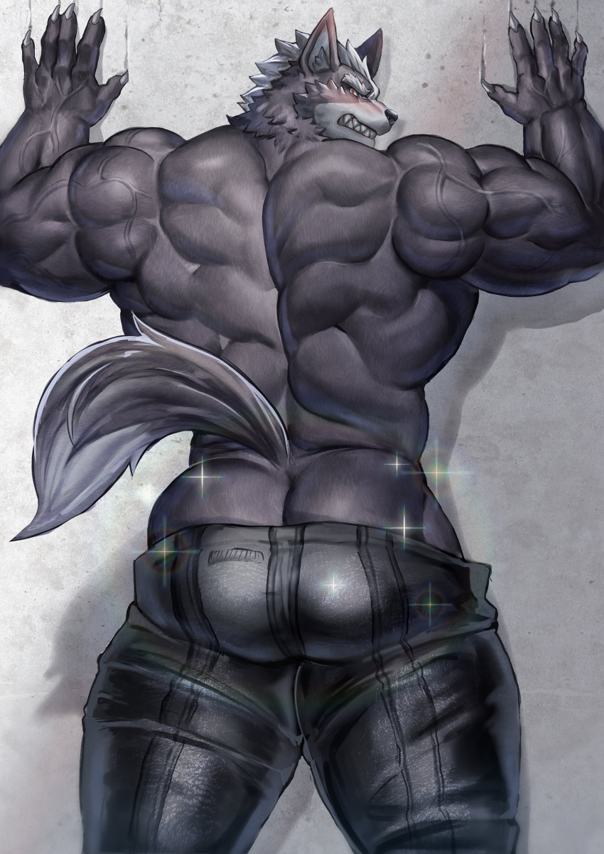 2023 absurd_res against_surface against_wall anthro back_muscles barazoku biceps big_butt big_muscles blush bottomwear bottomwear_down bubble_butt butt canid canine canis claws clenched_teeth clothed clothing deltoids eyebrows fur hair hi_res huge_butt huge_muscles huge_thighs kemono looking_at_viewer looking_back looking_back_at_viewer male mammal manly muscular muscular_anthro muscular_male nintendo no_underwear pants pants_down partially_clothed rear_view shadow solo sparkles standing star_fox teeth thick_thighs topless topless_anthro topless_male tuft vein veiny_muscles wall_(structure) wolf wolf_o'donnell yukihoshiak