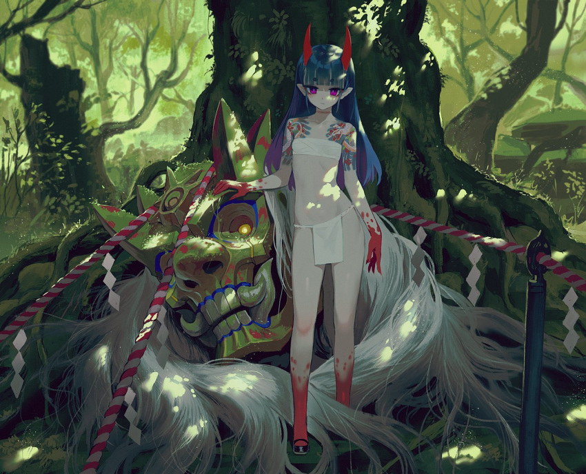 1girl black_footwear blue_hair blunt_bangs breasts bush character_request chest_strap colored_skin copyright_request forest full_body highres horns loincloth looking_at_viewer mask multicolored_skin nature oni oni_horns pale_skin pointy_ears purple_eyes red_skin roots rope sarcophage shoulder_tattoo sidelocks small_breasts standing tattoo thick_eyebrows two-tone_skin