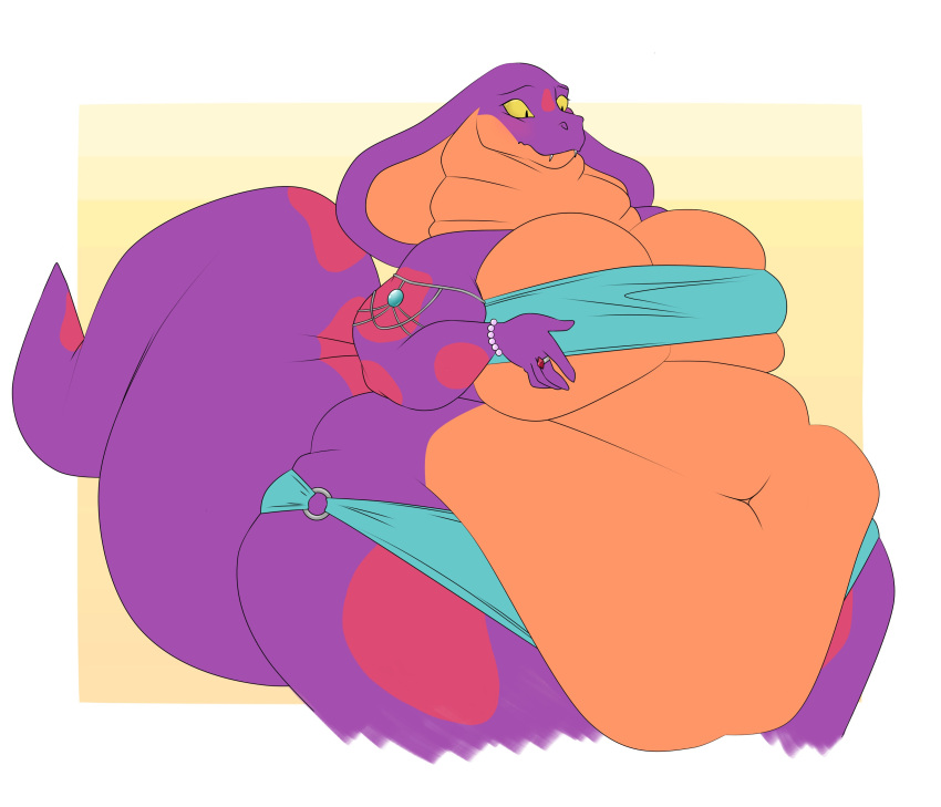 2022 5_fingers absurd_res anthro belly belly_overhang big_belly big_breasts breasts clothing curvy_figure double_chin fangs female fingers gem hi_res keeshee long_tail navel non-mammal_breasts obese obese_anthro obese_female overweight overweight_anthro overweight_female pearl_(gem) pearl_bracelet purple_body purple_scales purple_tail reptile ring_(jewelry) scales scalie simple_background snake snake_hood solo tail teeth thedandyduke thick_tail thick_thighs voluptuous wide_hips yellow_sclera