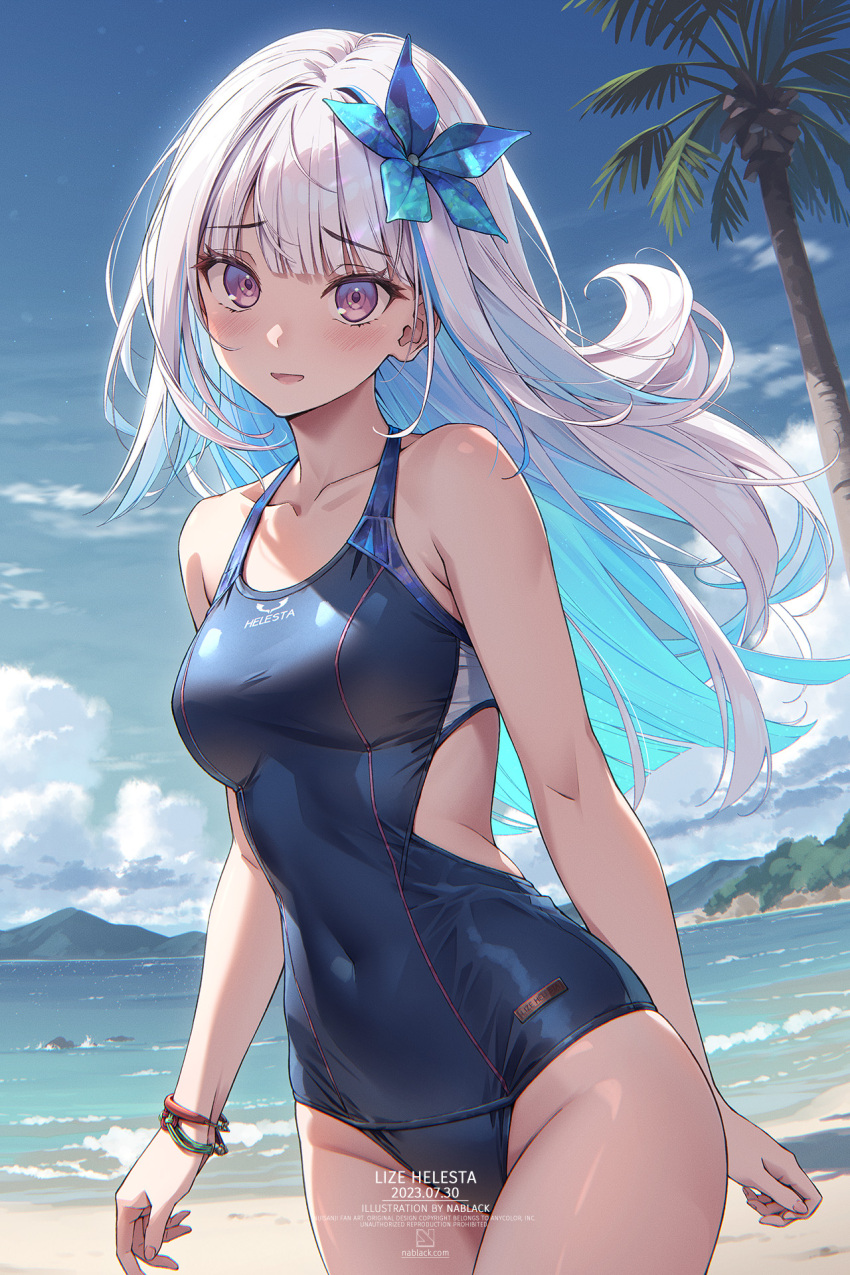 1girl aqua_hair armpit_crease artist_name bare_shoulders beach blue_one-piece_swimsuit blue_sky blunt_bangs blush bracelet breasts character_name cloud coconut_tree collarbone colored_inner_hair cowboy_shot english_text flower groin hair_flower hair_ornament halterneck highres jewelry kuro-kun_(nablack) lize_helesta long_hair medium_breasts mountainous_horizon multicolored_hair nijisanji ocean one-piece_swimsuit palm_tree school_swimsuit sidelocks sky smile solo standing swimsuit tree virtual_youtuber waist_cutout white_hair