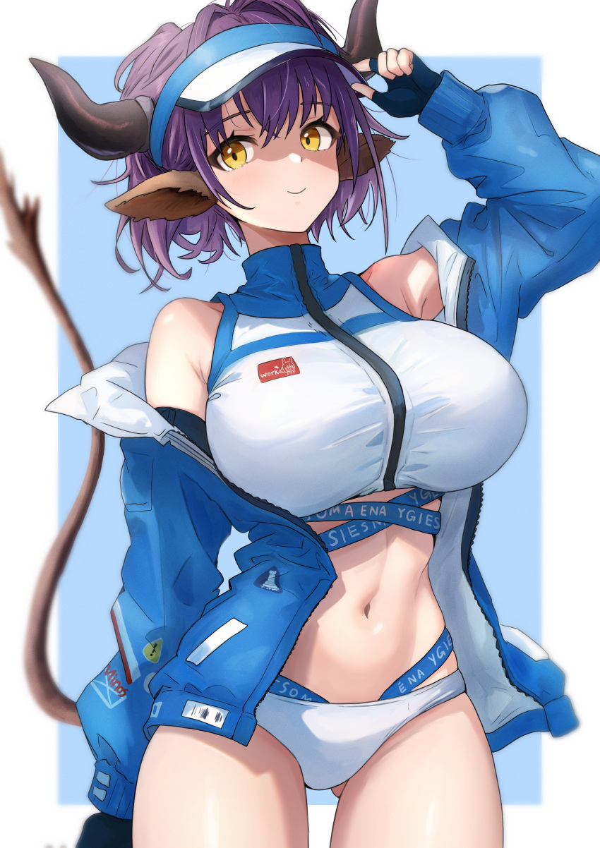1girl absurdres animal_ears arknights bare_shoulders bikini bikini_bottom_only blue_jacket breasts closed_mouth commentary cow_ears cow_horns cow_tail cowboy_shot fingerless_gloves gloves highres horns jacket large_breasts midriff navel official_alternate_costume open_clothes open_jacket purple_hair short_hair sideroca_(arknights) sideroca_(light_breeze)_(arknights) smile solo sora_mame_(princess_0sora) stomach swimsuit tail tail_raised visor_cap white_bikini yellow_eyes