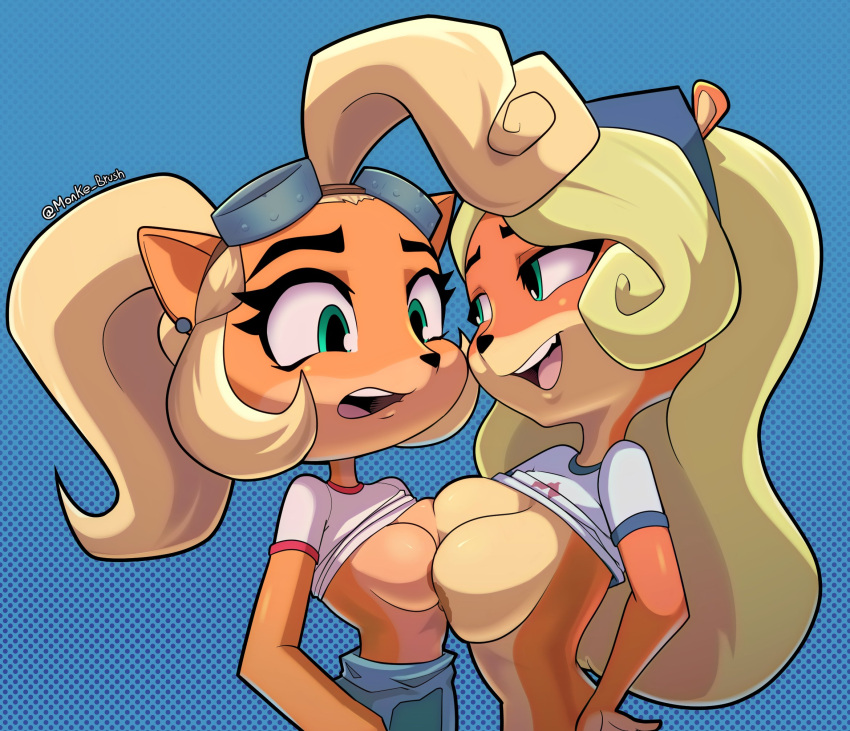 2023 activision anthro anthro_on_anthro areola blonde_hair breast_squish breasts breasts_frottage coco_bandicoot crash_bandicoot_(series) duo eye_contact eyewear eyewear_on_head female female/female goggles goggles_on_head hair hi_res long_hair looking_at_another mammal marsupial monke_brush nipples open_mouth orange_body signature simple_background square_crossover squish