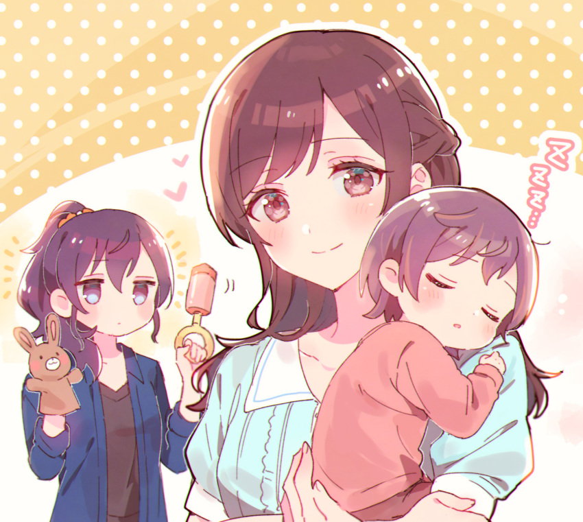 1other 2girls asahina_mafuyu baby black_shirt blue_jacket blue_shirt blush braid brown_background brown_eyes brown_hair brown_shirt closed_eyes closed_mouth collared_shirt hair_over_shoulder hand_puppet heart highres holding jacket long_hair multiple_girls open_clothes open_jacket outline parted_lips polka_dot polka_dot_background project_sekai puffy_short_sleeves puffy_sleeves puppet purple_eyes purple_hair rattle shinonome_ena shirt short_sleeves sleeping smile sorimachi-doufu two-tone_background white_background white_outline zzz