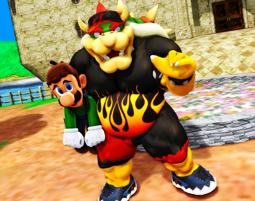 anthro bowser bowser_day carrying_another carrying_partner clothed clothing duo facial_hair fully_clothed hair headgear headwear hi_res horn human koopa luigi male male/male malicekira mammal mario_bros mustache nintendo red_hair scalie shell spikes