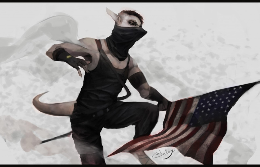 2015 akrolayn ambiguous_species anthro bandanna black_bandanna black_bottomwear black_clothing black_gloves black_handwear black_kerchief black_pants black_shirt black_tank_top black_topwear blood bodily_fluids bottomwear clothed clothing digital_media_(artwork) digital_painting_(artwork) flag fully_clothed geodis gloves handwear holding_flag holding_object jack_(akrolayn) kerchief male mask pants raised_leg shirt solo stars_and_stripes tank_top topwear united_states_of_america