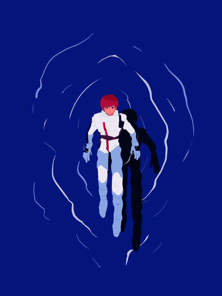 1boy absurdres amuro_ray blue_background blue_eyes char's_counterattack commentary from_above full_body gundam highres male_focus open_mouth oriazhez partially_submerged red_hair ripples short_hair simple_background solo tagme water