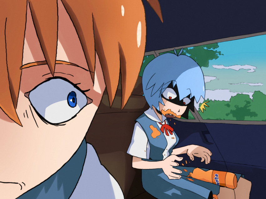 2girls ayanami_rei blue_eyes breasts brown_hair car_interior chimeraenvy drinking fanta glass highres medium_breasts multiple_girls neon_genesis_evangelion red_eyes school_uniform shaded_face short_hair sitting skirt sky soda souryuu_asuka_langley surprised suspender_skirt suspenders tokyo-3_middle_school_uniform vehicle_interior