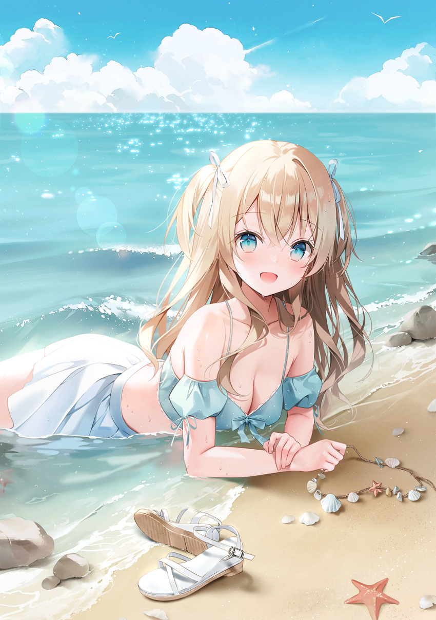1girl bare_shoulders beach blonde_hair blue_eyes blue_shirt breasts cleavage collarbone crop_top detached_sleeves hair_ribbon highres horizon jewelry lens_flare long_hair looking_at_viewer lying medium_breasts midriff miniskirt necklace ocean on_stomach open_mouth original pleated_skirt ribbon sandals sandals_removed shell_necklace shirt short_sleeves skirt sleeveless sleeveless_shirt smile solo spaghetti_strap summer two_side_up water weri wet white_skirt