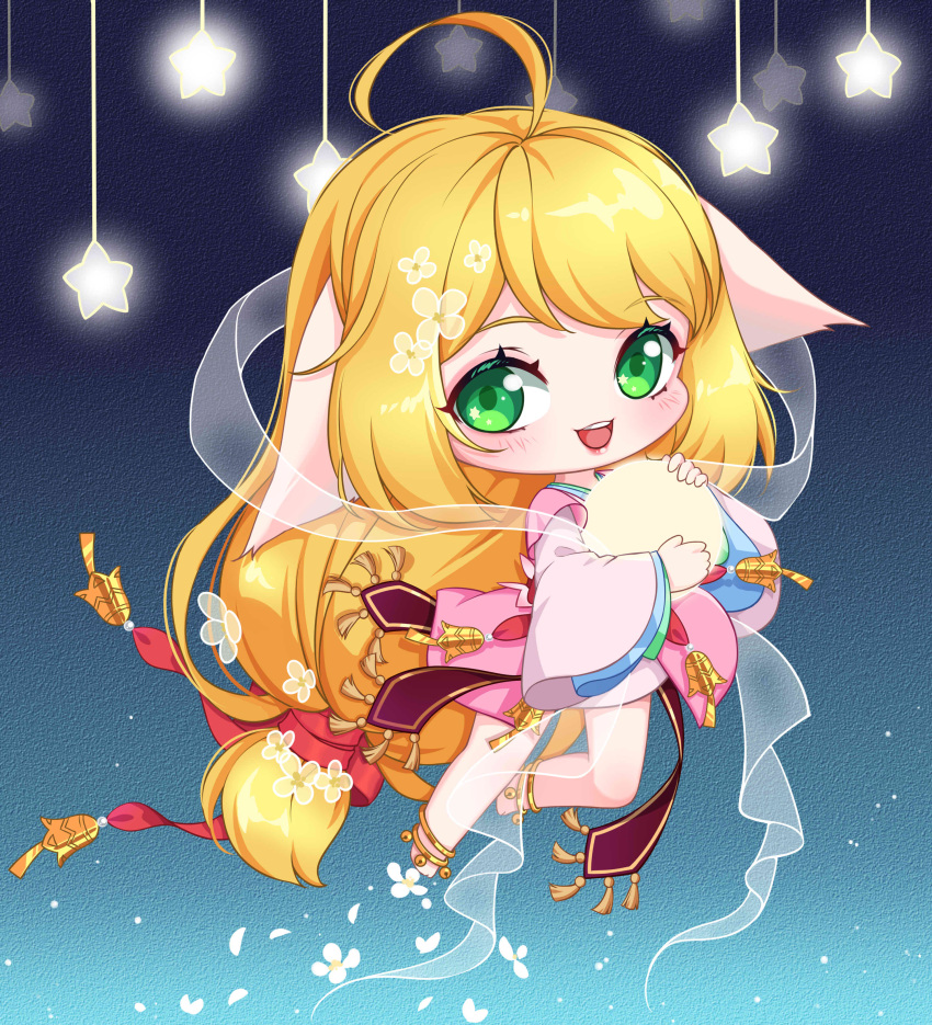 1girl :d absurdres ahoge animal_ears anklet ball bare_legs bell blonde_hair blue_background blush chibi chinese_clothes dress ears_down flower fox_ears full_body gradient_background green_eyes hair_flower hair_ornament hanfu highres holding holding_ball huyao_xiao_hongniang jewelry kumu_zaisheng layered_sleeves leg_up long_hair long_sleeves looking_at_viewer low-tied_long_hair pink_dress see-through_shawl shawl short_dress short_over_long_sleeves short_sleeves smile solo star_(symbol) teeth tushan_susu upper_teeth_only very_long_hair white_flower wide_sleeves