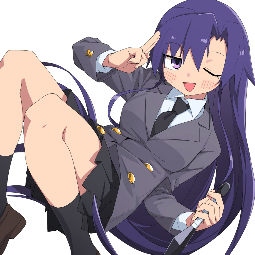 1girl black_necktie black_skirt black_socks blue_hair blush breasts brown_footwear collared_shirt commentary goshiki_agiri highres holding holding_knife kill_me_baby knife kunai loafers long_hair long_sleeves looking_at_viewer medium_breasts necktie one_eye_closed pleated_skirt purple_eyes school_uniform shirt shoes simple_background skirt smile socks solo weapon white_background white_shirt yachima_tana