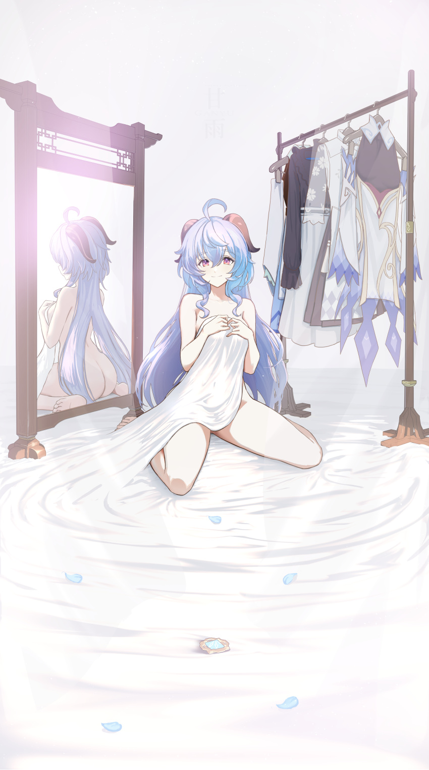 1girl absurdres ahoge ass bed_sheet blue_hair blue_petals breasts clothes_hanger clothes_pin clothes_rack commentary covering_privates dress full_body ganyu_(genshin_impact) genshin_impact goat_horns hair_between_eyes hands_up highres horns kokuusinsin light long_hair looking_at_viewer medium_breasts mirror naked_sheet nude nude_cover on_floor purple_eyes reflection sheet_grab sidelocks sitting smile solo unworn_dress vision_(genshin_impact) wariza white_background