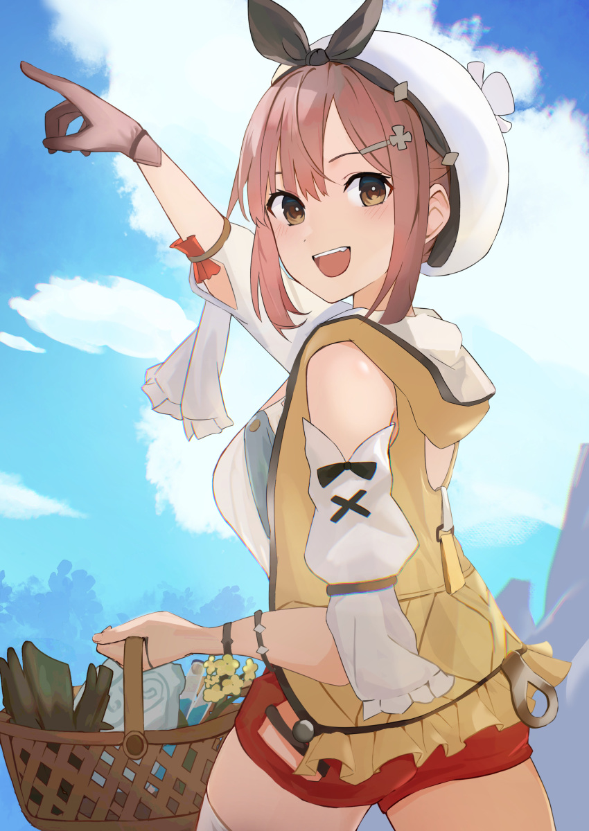 1girl absurdres animal_hood arm_up atelier_(series) atelier_ryza black_bow blue_sky blush bow breasts brown_eyes brown_gloves brown_hair cloud cloudy_sky commentary detached_sleeves elbow_sleeve gloves hair_ornament hairclip hat hat_bow highres hip_vent holding hood hood_down hooded_jacket hz_paris jacket large_breasts looking_at_viewer open_mouth outdoors pointing pointing_up red_shorts reisalin_stout shirt short_shorts shorts single_glove sky sleeveless sleeveless_jacket sleeveless_shirt smile solo teeth thighs upper_body upper_teeth_only white_headwear white_shirt white_sleeves x yellow_jacket