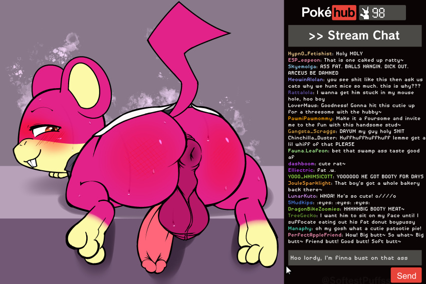 2023 3_toes anthro anus balls blush bodily_fluids bottomless bottomless_male buckteeth clothed clothing embarrassed erection feet generation_1_pokemon genitals half-closed_eyes happy hi_res livestream looking_at_viewer looking_back looking_back_at_viewer lying male narrowed_eyes nintendo on_front pokemon pokemon_(species) raised_tail rattata red_cheeks softestpuffss solo sweat tail teeth toes