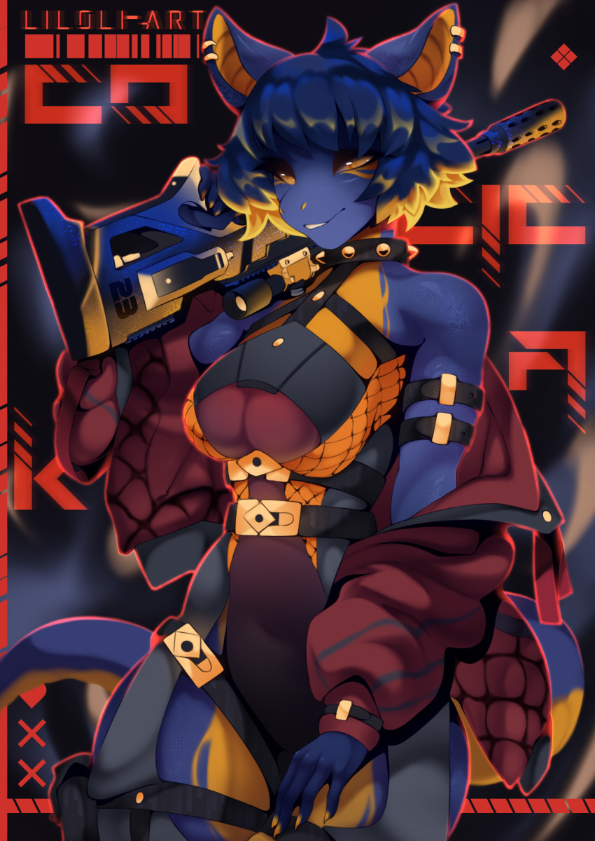 anthro blonde_hair blue_body blue_hair bodysuit clothing collar cyberpunk dragon ear_piercing female gun hair hi_res jacket liloli_(artist) piercing ranged_weapon ribbons sexy_eyes simple_background skinsuit smile solo spacesuit spiked_collar spikes tape tight_clothing topwear weapon wide_hips yellow_body yellow_eyes