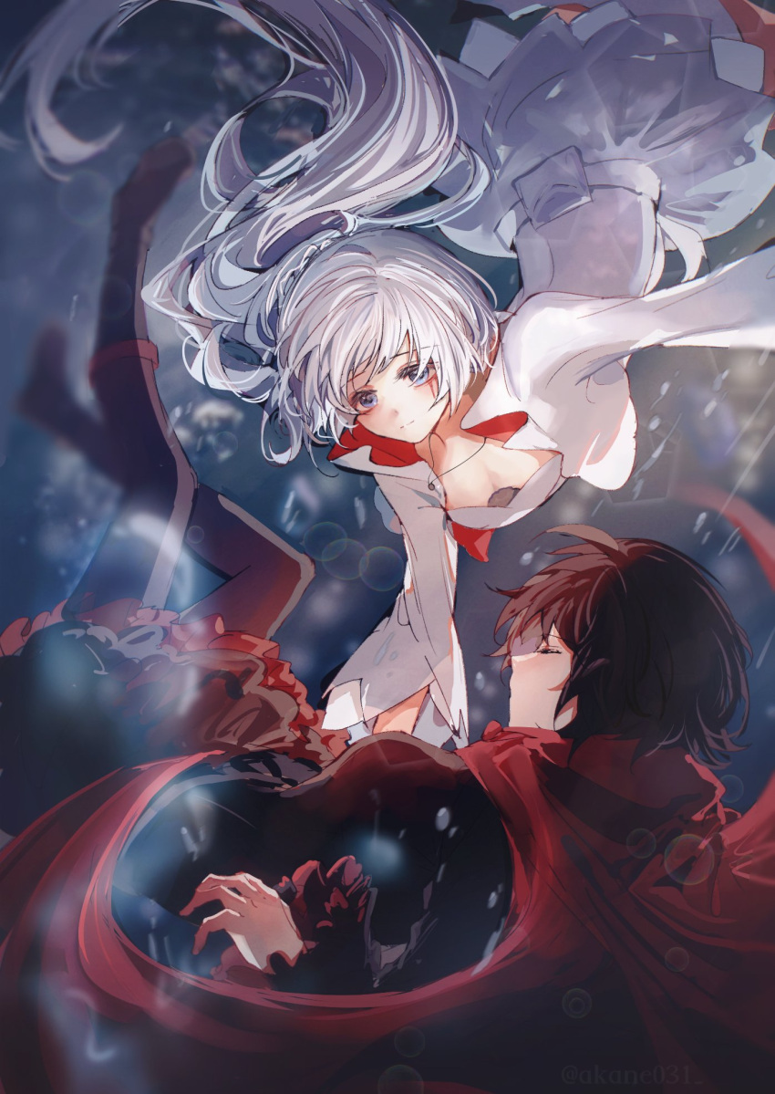 2girls akane031 blue_eyes blush bubble cape dress falling gradient_hair highres jewelry long_hair multicolored_hair multiple_girls necklace red_cape red_dress red_hair ruby_rose rwby scar scar_across_eye short_hair underwater weiss_schnee white_dress white_hair yuri