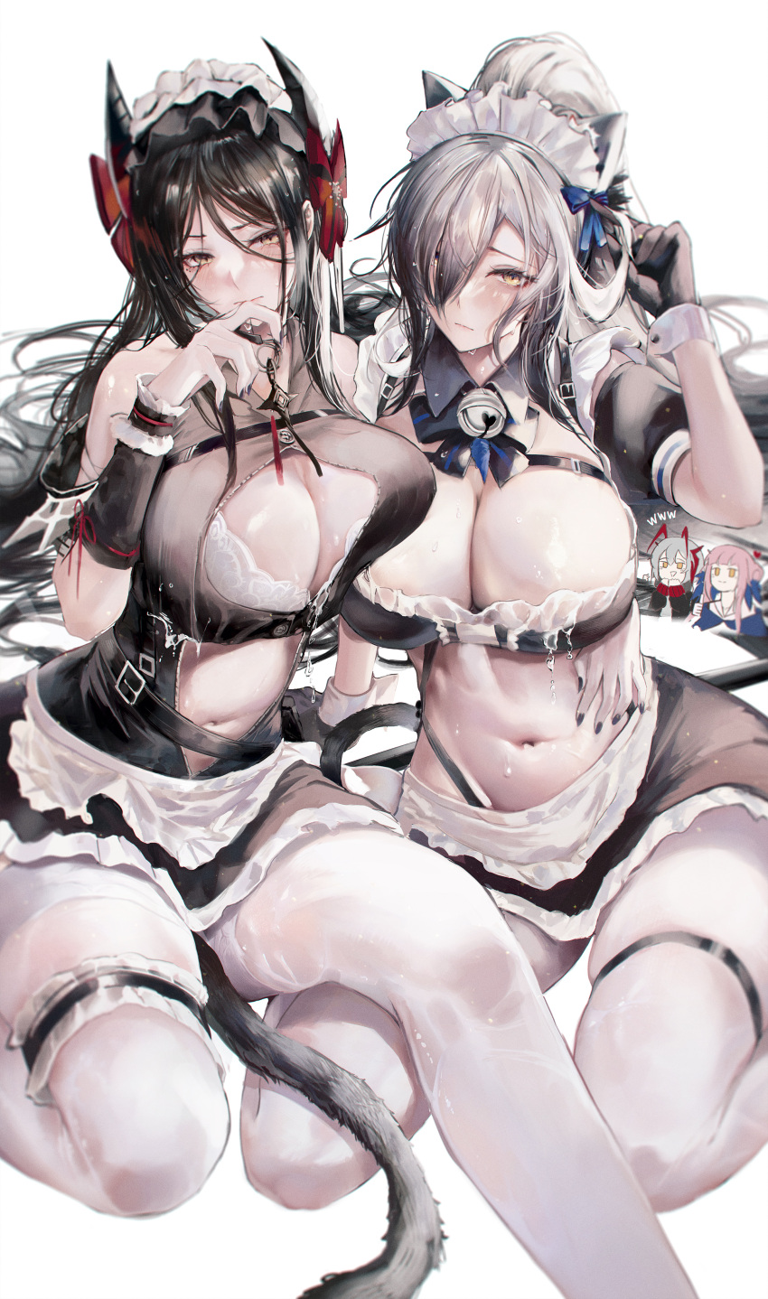 4girls absurdres alternate_costume animal_ears apron arknights bell black_dress black_gloves black_hair breast_rest breasts cat_ears cat_girl cat_tail ceylon_(arknights) cleavage cleavage_cutout clothing_cutout demon_horns dress enmaided finger_to_mouth gloves grey_hair hair_over_one_eye hair_ribbon hand_on_another's_hip hand_up highres horns ines_(arknights) large_breasts long_hair maid maid_apron maid_headdress multiple_girls neck_bell neck_ribbon pantyhose ponytail ribbon schwarz_(arknights) shirt sitting solfi0211 tail thigh_strap w_(arknights) waist_apron wet wet_clothes wet_shirt white_pantyhose wrist_cuffs yellow_eyes