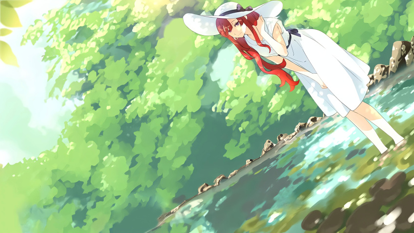 1girl absurdres breasts dress fate/grand_order fate_(series) highres large_breasts long_hair miss_crane_(fate) namori non-web_source official_art purple_eyes red_hair river rock smile tree water white_dress white_headwear