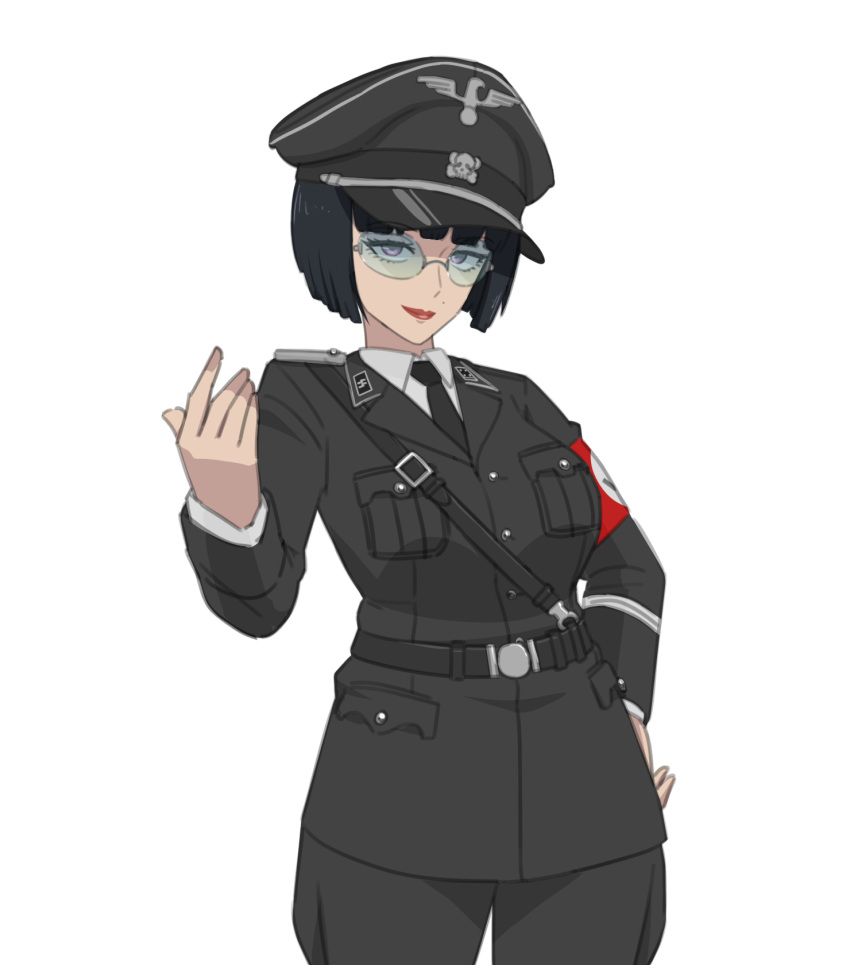 1girl alternate_costume armband beckoning belt black_belt black_cat03 black_headwear black_necktie black_pants blue-tinted_eyewear blunt_bangs bob_cut breast_pocket breasts closed_mouth collar_tabs collared_shirt commentary commission cowboy_shot eyelashes glasses grey_eyes guilty_gear hand_on_own_hip hat hat_ornament highres i-no jacket lapels lipstick looking_at_viewer makeup military_hat military_jacket military_uniform nazi necktie notched_lapels pants pixiv_commission pocket red_armband red_lips reichsadler rimless_eyewear round_eyewear sam_browne_belt shirt shoulder_boards simple_background skull_and_crossbones skull_hat_ornament smile solo tinted_eyewear totenkopf uniform waffen-ss white_background white_shirt world_war_ii