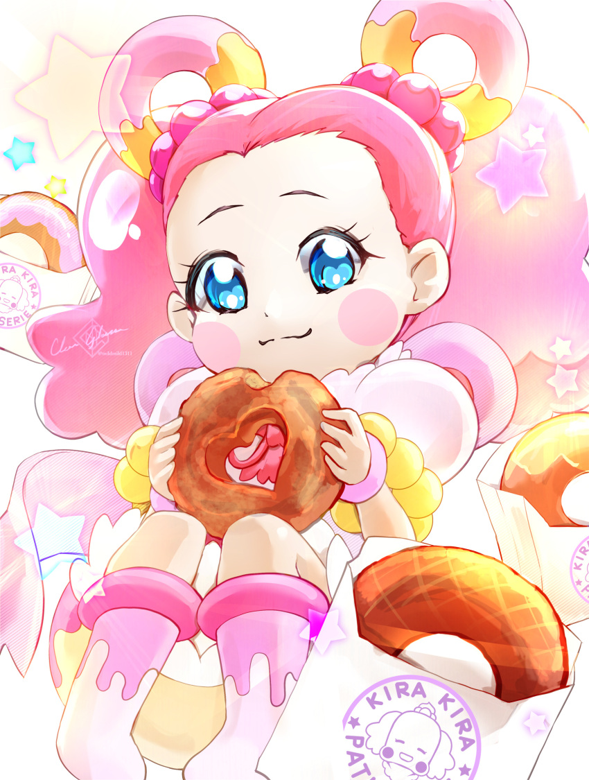 1girl artist_name blue_eyes blush clear_glass_(mildmild1311) commentary_request cure_pekorin doughnut eating eyelashes food hair_ornament hair_rings happy highres kirakira_precure_a_la_mode looking_at_viewer magical_girl pekorin_(precure) pekorin_(precure)_(human) pink_hair precure signature sitting smile solo twitter_username