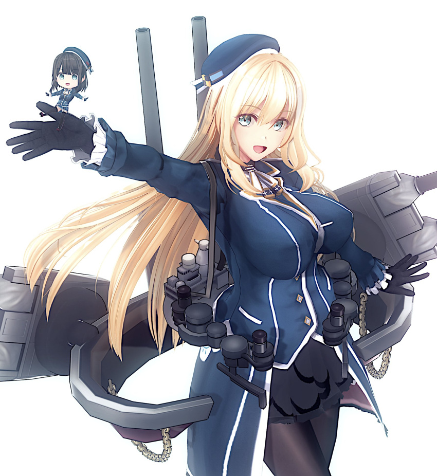 2girls :d ascot atago_(kancolle) beret black_choker black_gloves black_hair black_skirt blonde_hair blue_coat blue_eyes blue_headwear blunt_bangs breasts cannon chibi choker coat commentary_request frilled_sleeves frills gloves gr_sword hair_between_eyes hat highres kantai_collection large_breasts long_hair long_sleeves looking_at_viewer military_uniform multiple_girls open_mouth outstretched_arms pantyhose rigging short_hair simple_background skirt smile standing standing_on_one_leg takao_(kancolle) thighhighs turret uniform waist_cape white_background