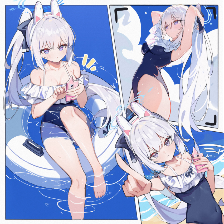 1girl animal_ears armpits arms_behind_head arms_up blue_archive blue_halo blue_one-piece_swimsuit breasts casual_one-piece_swimsuit cellphone closed_mouth covered_navel etoile fake_animal_ears frilled_one-piece_swimsuit frills halo holding holding_phone long_hair looking_at_phone looking_at_viewer miyako_(blue_archive) miyako_(swimsuit)_(blue_archive) off-shoulder_one-piece_swimsuit off_shoulder official_alternate_costume on_innertube one-piece_swimsuit phone ponytail purple_eyes rabbit_ears small_breasts smartphone solo swimsuit white_hair white_innertube