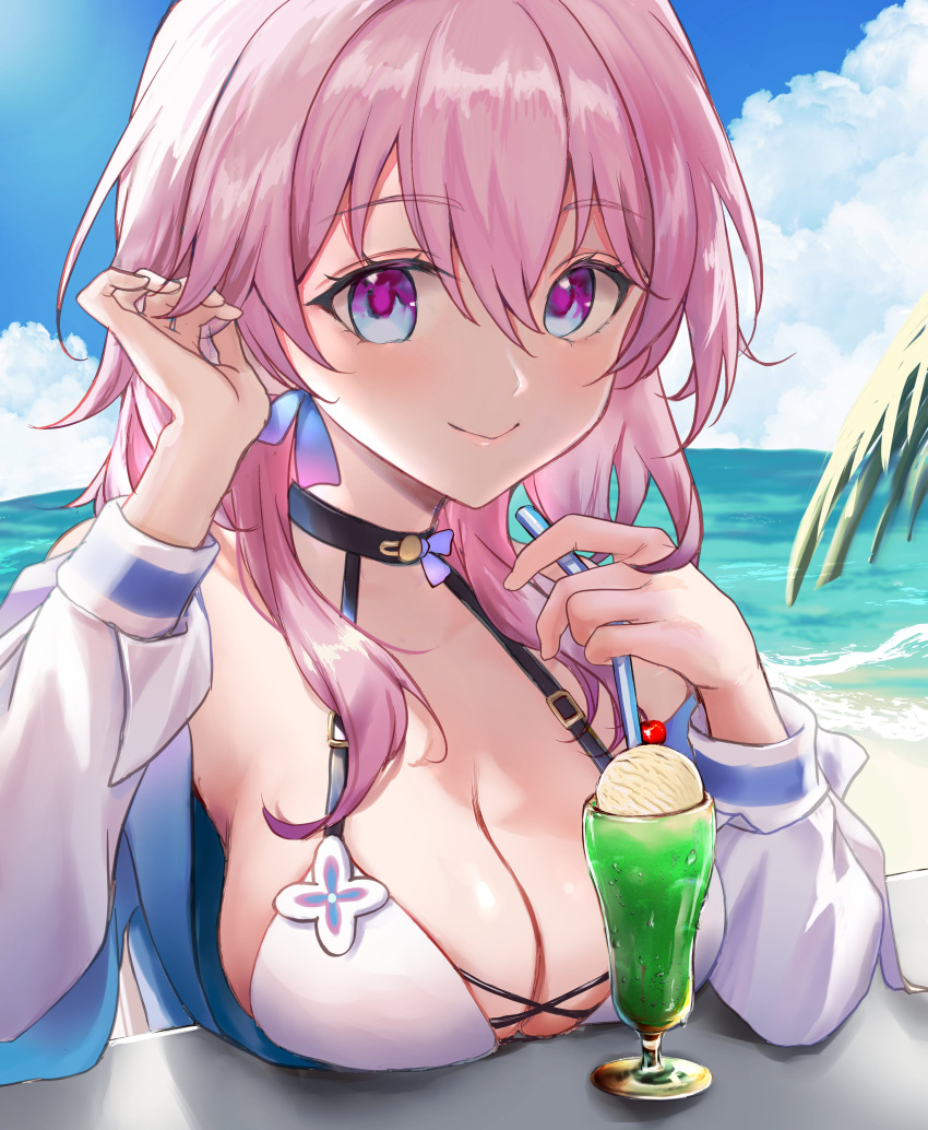 1girl absurdres bikini blue_eyes blue_sky breasts cloud commentary_request day drinking_straw food hand_up highres honkai:_star_rail honkai_(series) ice_cream large_breasts looking_at_viewer march_7th_(honkai:_star_rail) ocean pink_hair purple_eyes raramente sky smile solo swimsuit two-tone_eyes upper_body water white_bikini