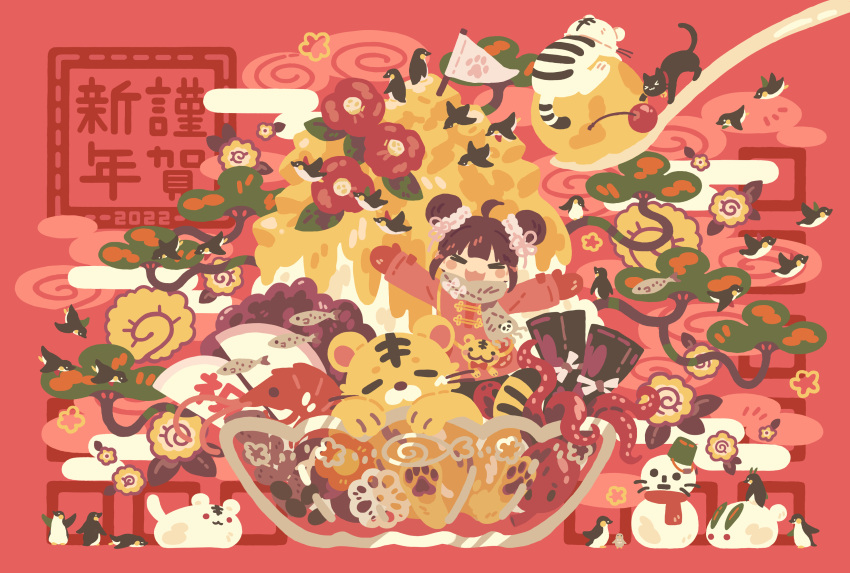 &gt;_&lt; 1girl 2022 :3 :d \o/ absurdres ahoge animal animal_print arms_up bear_print bird black_bird black_cat blush_stickers bow bowl brown_bird brown_hair brown_scarf bucket cat chinese_clothes chinese_zodiac closed_eyes commentary_request double_bun egasumi facing_viewer fish flag flat_color flower flower_(symbol) flower_knot food hair_bun hair_ribbon happy_new_year highres in_bowl in_container kamaboko long_sleeves mittens new_year no_lineart nunusayu octopus open_mouth original outstretched_arms oversized_object panda_print paw_print penguin pink_bow pink_ribbon print_scarf red_background red_flower red_mittens red_scarf red_shirt ribbon scarf shirt shrimp smile snow_rabbit snowman solo spoon tiger tree year_of_the_tiger