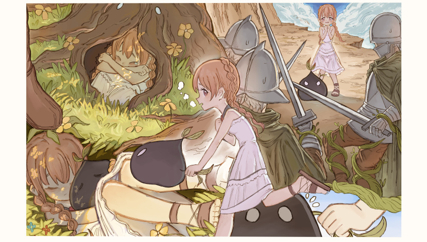 1girl 3boys absurdres aged_down armor bare_shoulders braid brown_hair cape closed_eyes creature crying deathpolca demons_roots dress gauntlets grass helmet highres holding holding_sword holding_weapon hug jvzhang knight lily_killer long_hair multiple_boys multiple_views outdoors plant sandals sleeping spoilers sword tree twin_braids vines weapon white_dress