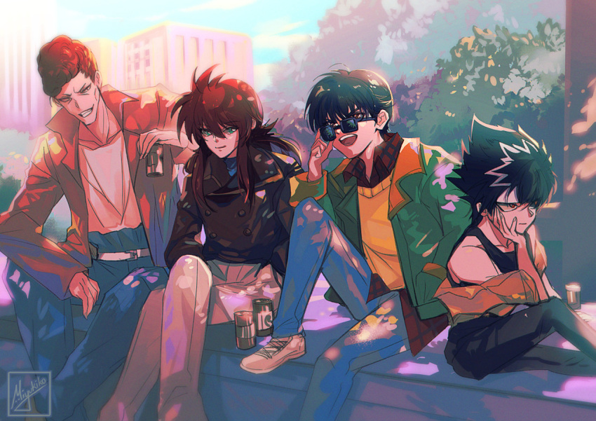 4boys adjusting_eyewear artist_logo artist_name belt black_hair black_tank_top blue_sky building can closed_mouth cloud cloudy_sky collarbone collared_shirt crossed_legs day film_grain grin hand_on_own_cheek hand_on_own_face hands_in_pockets head_rest headband hiei_(yu_yu_hakusho) holding holding_can knee_up kurama_(yu_yu_hakusho) kuwabara_kazuma long_hair long_sleeves male_focus miyukiko multicolored_hair multiple_boys official_alternate_costume open_collar open_mouth orange_hair outdoors plaid plaid_shirt pompadour popped_collar red_eyes red_hair shirt shirt_tucked_in shoes sky smile sneakers spiked_hair sunglasses sweater_vest tank_top tree two-tone_hair urameshi_yusuke white_footwear white_headband yellow_sweater_vest yu_yu_hakusho