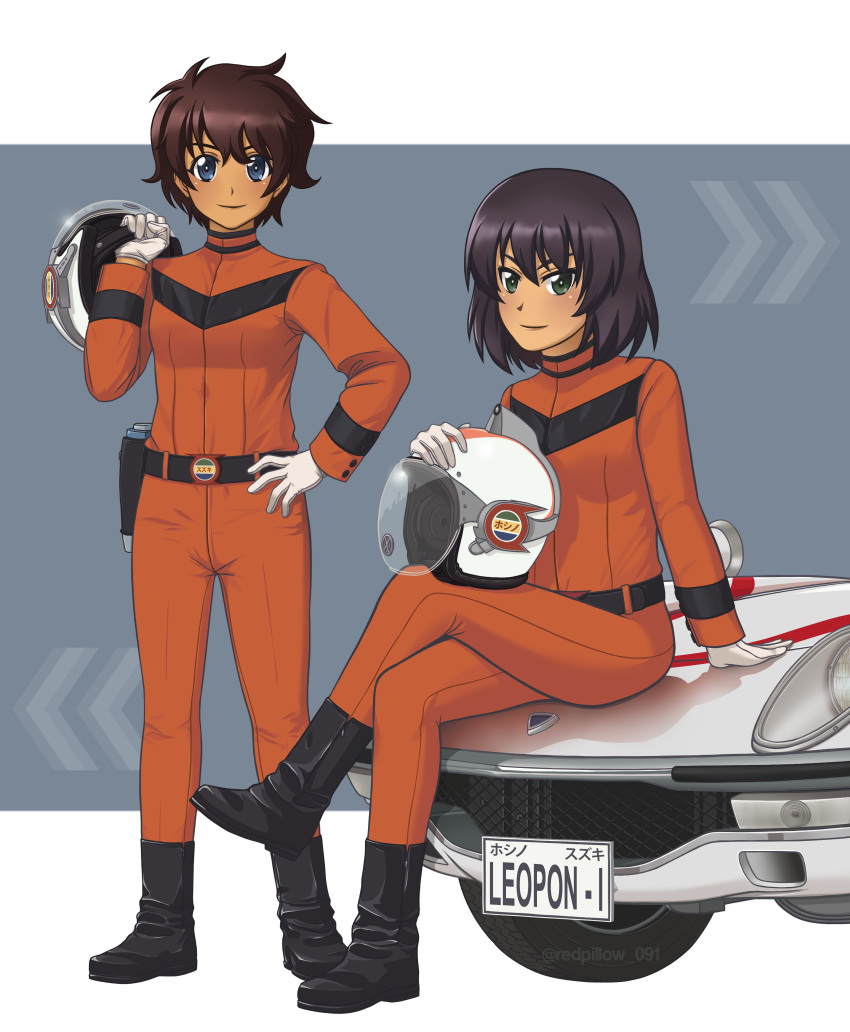 2girls absurdres black_footwear black_hair blue_eyes bob_cut boots brown_hair car closed_mouth commentary crossed_legs dark-skinned_female dark_skin english_commentary girls_und_panzer gloves green_eyes gun hand_on_own_hip handgun headwear_removed helmet helmet_removed highres holding holding_helmet holstered hoshino_(girls_und_panzer) jumpsuit long_sleeves looking_at_viewer mat-vehicle mazda_r360 motor_vehicle multiple_girls on_vehicle orange_jumpsuit redpillow091 short_hair sitting smile standing suzuki_(girls_und_panzer) translated ultra_series weapon white_gloves white_headwear