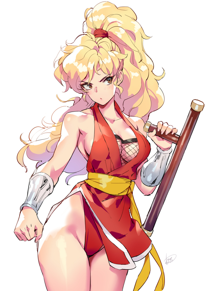 1girl bare_shoulders blonde_hair brown_eyes clenched_hand commentary_request cowboy_shot final_fight fishnets genryuusai_maki groin highres holding japanese_clothes kimono long_hair matsuda_(matsukichi) red_kimono sash short_kimono simple_background sleeveless sleeveless_kimono solo standing thighs tonfa v-shaped_eyebrows weapon white_background yellow_sash