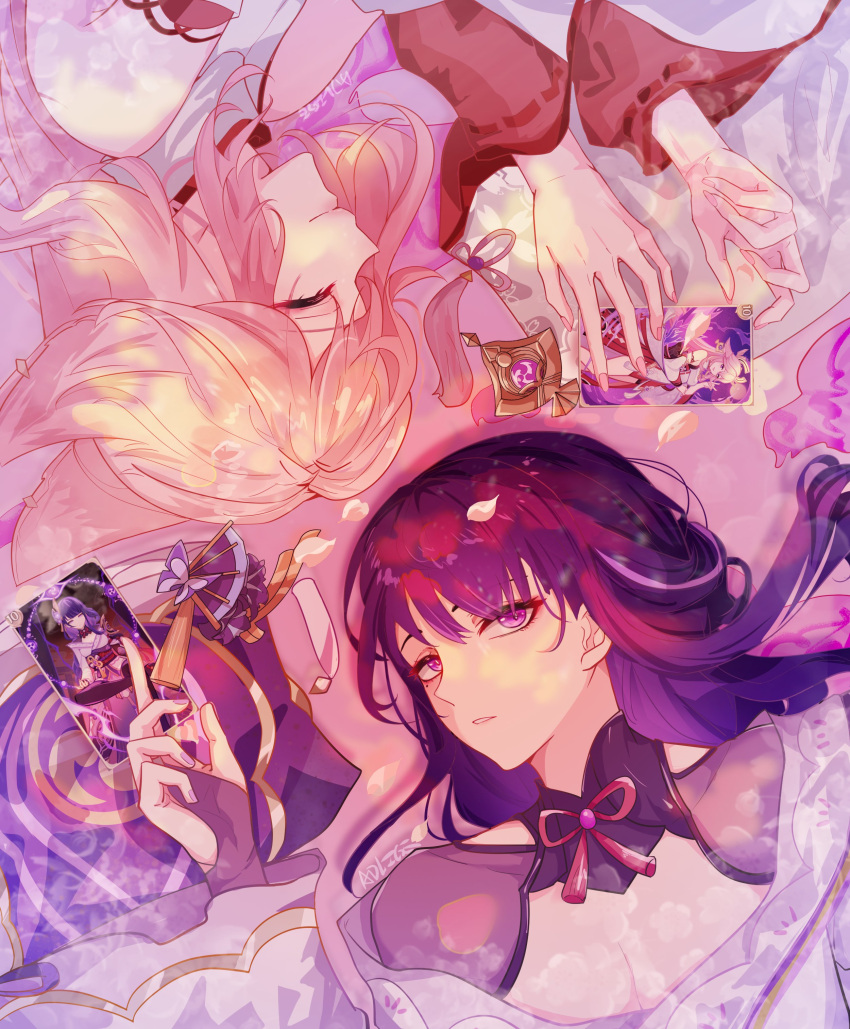 2girls absurdres animal_ears arm_support artist_name bare_shoulders bow bowtie braid breasts card closed_eyes closed_mouth detached_sleeves earrings eyeshadow fan_hair_ornament fingerless_gloves fingernails flower fox_ears fox_shadow_puppet gem genshin_impact gloves gnosis_(genshin_impact) gold_trim hair_between_eyes hair_flower hair_ornament hand_fan hands_up highres holding holding_card japanese_clothes jewelry kimono long_fingernails long_hair long_sleeves lying makeup medium_breasts mitsudomoe_(shape) multiple_girls nail_polish nontraditional_miko off_shoulder on_back open_mouth petals pink_bow pink_bowtie pink_hair pink_nails purple_eyes purple_flower purple_gemstone purple_gloves purple_hair purple_kimono raiden_shogun red_eyeshadow red_sash red_skirt sash shadow shirt skirt smile tassel tassel_hair_ornament teeth tomoe_(symbol) upper_body vision_(genshin_impact) white_shirt wide_sleeves wy_adlige yae_miko