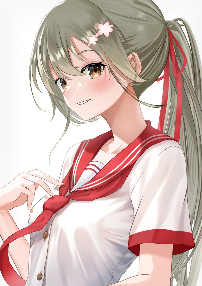 1girl absurdres blush breasts brown_eyes collarbone flower grey_hair hair_between_eyes hair_flower hair_ornament hair_ribbon hairclip highres long_hair looking_at_viewer minowa_gin mn_(tk-xyz) neckerchief necktie parted_lips ponytail red_neckerchief red_necktie red_ribbon red_sailor_collar ribbon sailor_collar school_uniform serafuku shirt short_sleeves simple_background small_breasts smile solo upper_body washio_sumi_wa_yuusha_de_aru white_background white_shirt yuusha_de_aru