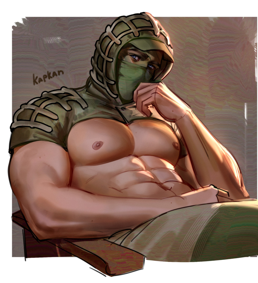 1boy abs bara blue_eyes character_name cropped_jacket facepaint green_jacket green_pants hat_under_hood highres hood hood_up jacket kapkan_(rainbow_six_siege) large_pectorals looking_at_viewer male_focus mask mouth_mask muscular muscular_male navel nipples pants pectorals rainbow_six_siege sasha_shkret sitting solo