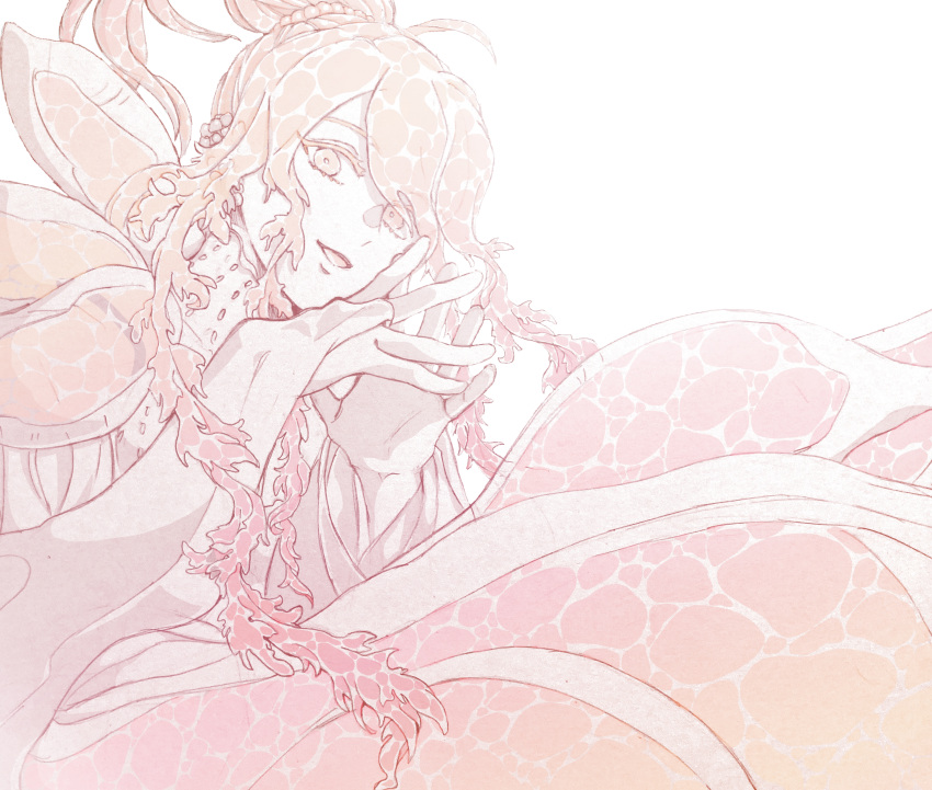 1girl absurdres beads breasts bridal_gauntlets caustics hair_beads hair_ornament hands_up highres houseki_no_kuni long_hair looking_at_viewer monster_girl mt5_014 own_hands_together pink_theme ponytail simple_background smile solo submerged swept_bangs tentacle_hair upper_body ventricosus
