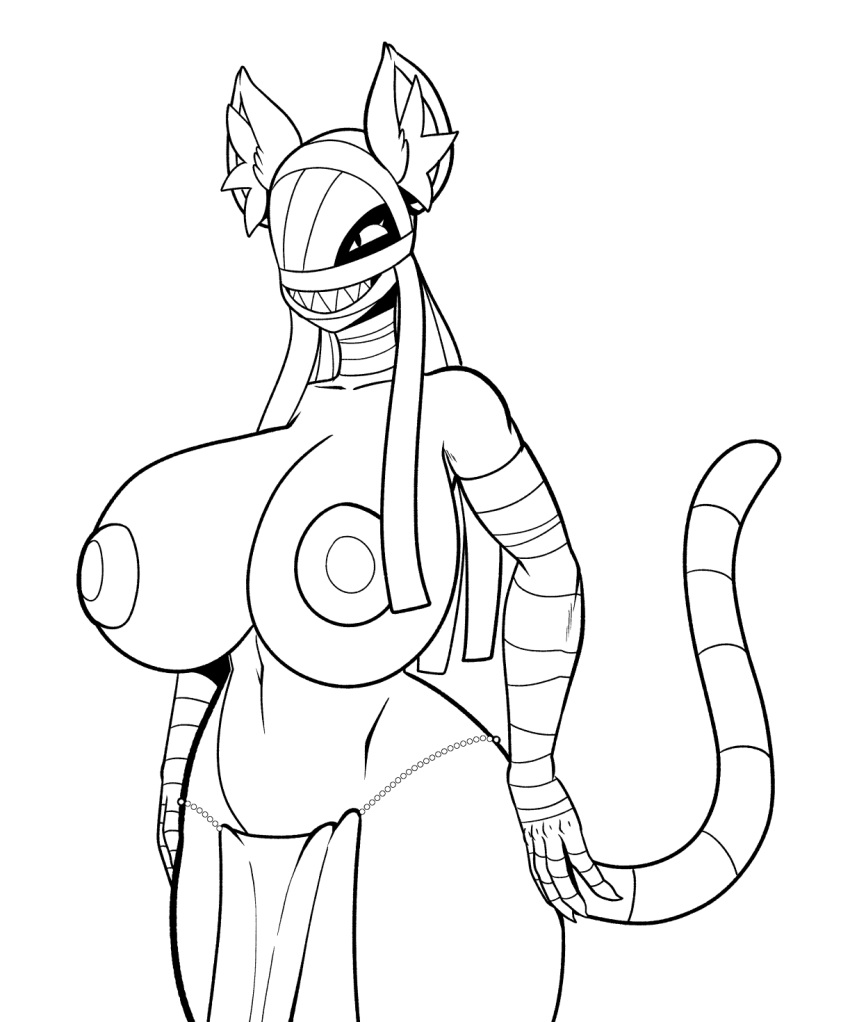 2023 animal_humanoid arm_wraps big_breasts black_and_white bottomwear breasts canid canid_humanoid canine canine_humanoid clothed clothing female fours_(artist) grin head_wraps hi_res huge_breasts humanoid inner_ear_fluff jackal_humanoid line_art loincloth mammal mammal_humanoid monochrome n'cathe navel one_eye_obstructed pasties sharp_teeth simple_background skimpy smile solo tail tail_wraps teeth tuft white_background wraps