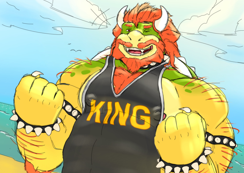 anthro armband baps_fucks~ beach beard body_hair bowser bracelet chest_hair clothing collar facial_hair fist flexing flexing_bicep flexing_both_biceps flowing_hair hair hairy_arms hi_res horn jewelry koopa looking_at_viewer male male/male mario_bros musclegut muscular muscular_anthro muscular_male nintendo nipple_piercing nipples one_eye_closed pecs piercing raised_arm raised_fist scalie seaside shell shirt sketch solo spiked_armband spiked_bracelet spiked_collar spikes tank_top topwear wink winking_at_viewer