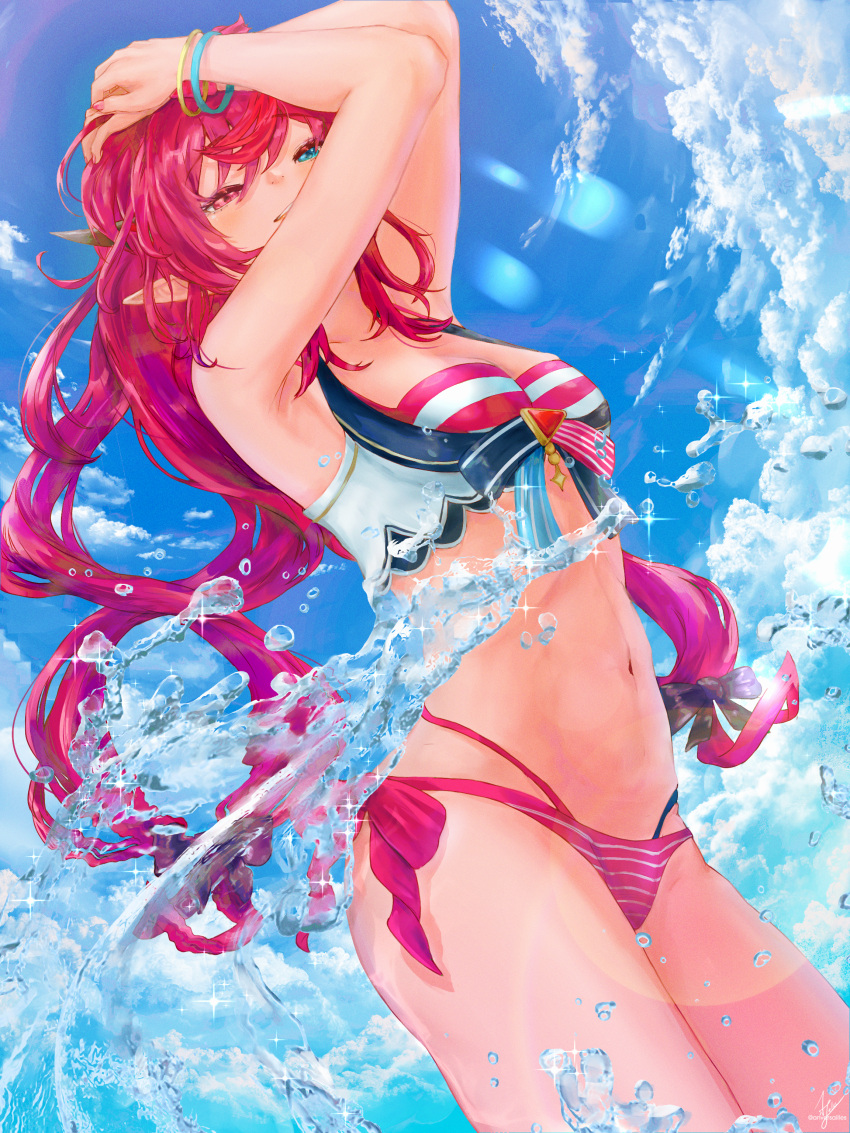 1girl absurdres anversailles armpits arms_up bikini black_bow blue_eyes bow bracelet breasts cloud day english_commentary hair_bow heterochromia high-waist_bikini highleg highleg_bikini highres hololive hololive_english hololive_summer_2023_swimsuit horns irys_(hololive) jewelry layered_bikini long_hair medium_breasts multicolored_hair navel outdoors parted_lips pink_nails pointy_ears purple_bikini purple_eyes purple_hair red_hair side-tie_bikini_bottom smile solo splashing stomach streaked_hair striped striped_bikini swimsuit two-tone_bikini very_long_hair virtual_youtuber water