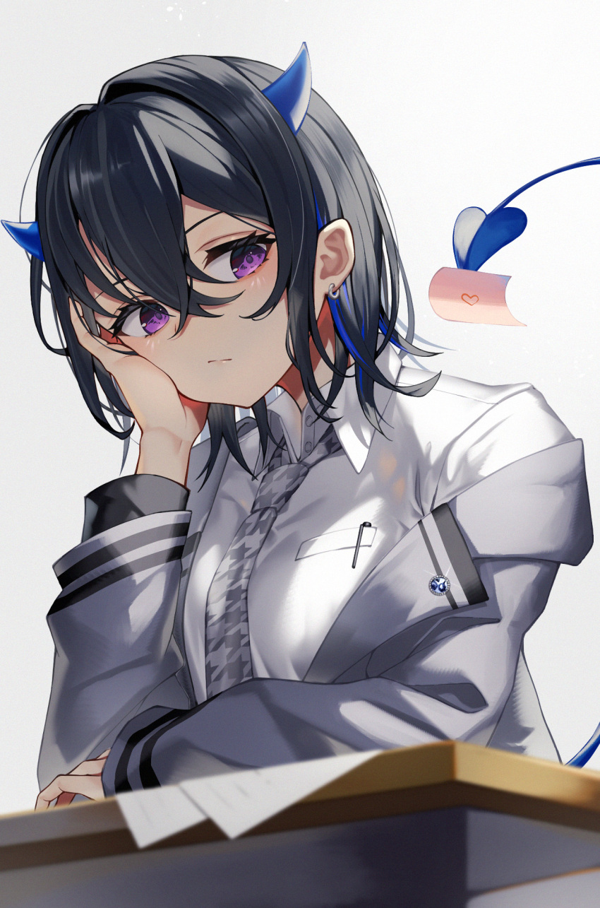 1girl black_hair blazer blue_hair blue_horns blue_tail breast_pocket breasts crossed_bangs demon_girl demon_horns demon_tail desk dress_shirt earrings elbow_rest gradient_horns grey_jacket grey_necktie hair_between_eyes hand_on_own_cheek hand_on_own_face head_on_head head_rest heart highres horns houndstooth ichinose_uruha ichinose_uruha_(6th_costume) jacket jewelry love_letter medium_breasts medium_hair multicolored_hair multicolored_horns necktie off_shoulder open_clothes open_jacket pocket print_necktie purple_eyes school_desk school_uniform shioneko_(0202) shirt simple_background solo streaked_hair tail virtual_youtuber vspo! white_background white_shirt wing_collar wings wolf_cut