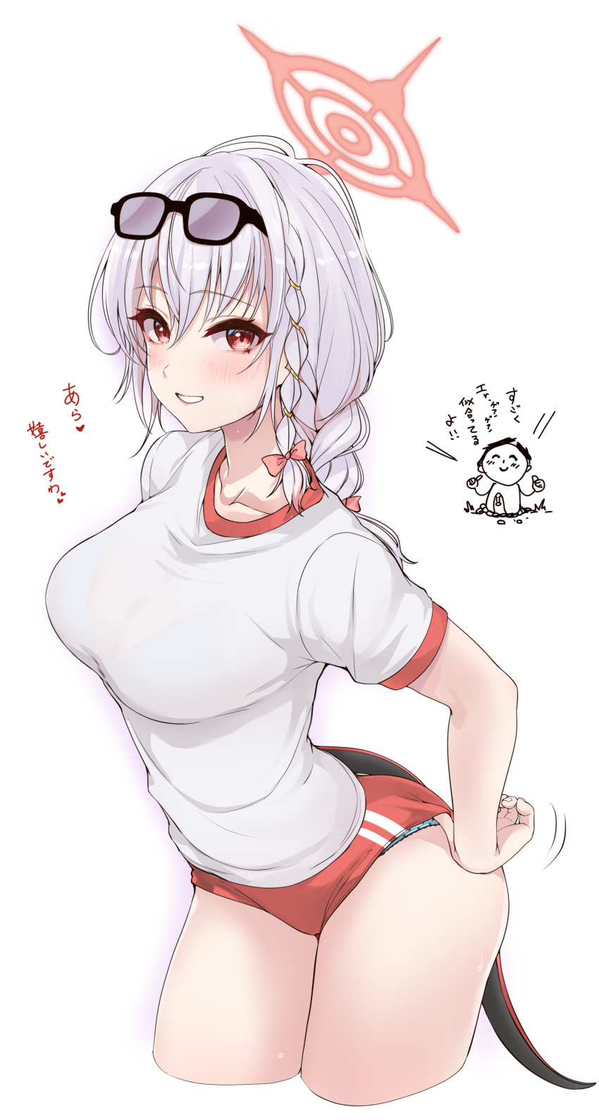 1girl absurdres adjusting_buruma adjusting_clothes arona's_sensei_doodle_(blue_archive) blue_archive blush braid breasts buruma collarbone cropped_legs demon_tail diglett eyewear_on_head grey_hair gym_shirt gym_uniform halo haruna_(blue_archive) haruna_(track)_(blue_archive) highres large_breasts looking_at_viewer murabito_c official_alternate_costume panties panty_peek red_buruma red_eyes sensei_(blue_archive) shirt short_sleeves simple_background smile tail tinted_eyewear translation_request underwear white_background