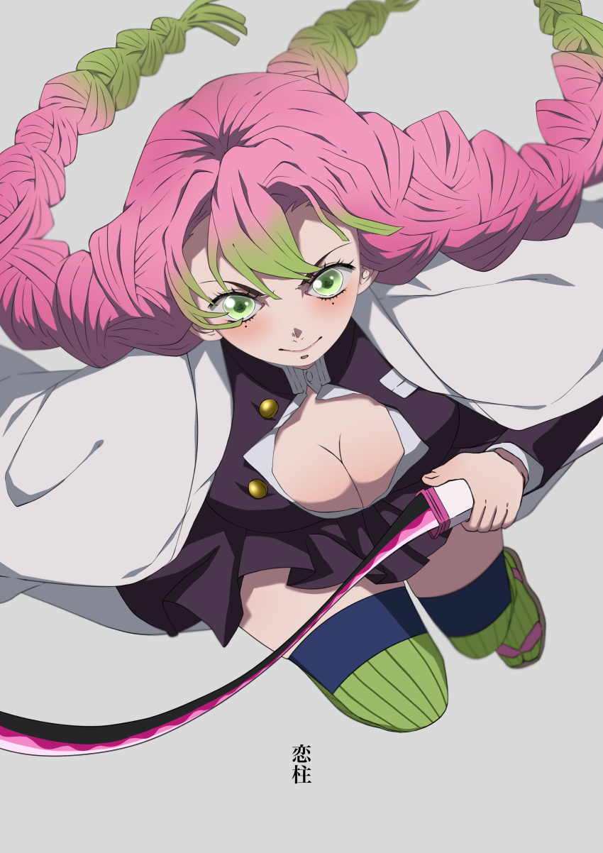 1girl absurdres braid breasts cleavage closed_mouth demon_slayer_uniform gradient_hair green_eyes green_hair green_thighhighs haori highres holding holding_sword holding_weapon japanese_clothes kanroji_mitsuri kimetsu_no_yaiba kiramoti large_breasts long_hair looking_at_viewer mole mole_under_eye multicolored_hair multiple_braids partially_unbuttoned pink_hair ribbed_legwear ribbed_thighhighs smile solo sword thighhighs tri_braids weapon whip_sword