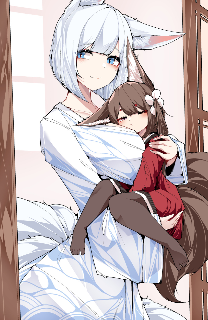 2girls absurdres amagi-chan_(azur_lane) azur_lane blue_eyes breast_pillow breasts brown_hair brown_pantyhose brown_tail carrying carrying_person collarbone commentary dated_commentary flower fox_girl fox_tail hair_flower hair_ornament hand_on_another's_shoulder highres indoors japanese_clothes kaga_(azur_lane) kimono kitsune kyuubi large_breasts long_hair looking_at_viewer multiple_girls multiple_tails one_eye_closed pantyhose purple_eyes red_kimono samip short_hair sleepy smile tail white_hair white_kimono white_tail