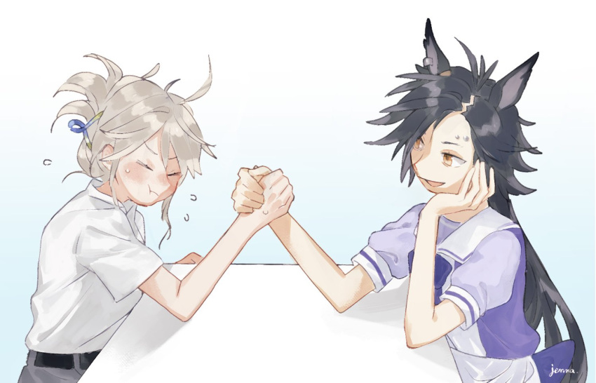 2girls :t air_shakur_(umamusume) animal_ears arm_wrestling artist_name belt black_hair bow bowtie clenched_hand closed_eyes elbow_rest eyebrow_piercing female_trainer_(umamusume) flying_sweatdrops grey_hair grey_skirt hand_on_own_cheek hand_on_own_face holding_hands horse_ears jemma_(mashirahoshi) long_hair multiple_girls open_mouth piercing purple_shirt sailor_collar school_uniform shirt short_hair short_sleeves simple_background skirt smile sweat table tracen_school_uniform umamusume white_background white_shirt white_skirt yellow_eyes