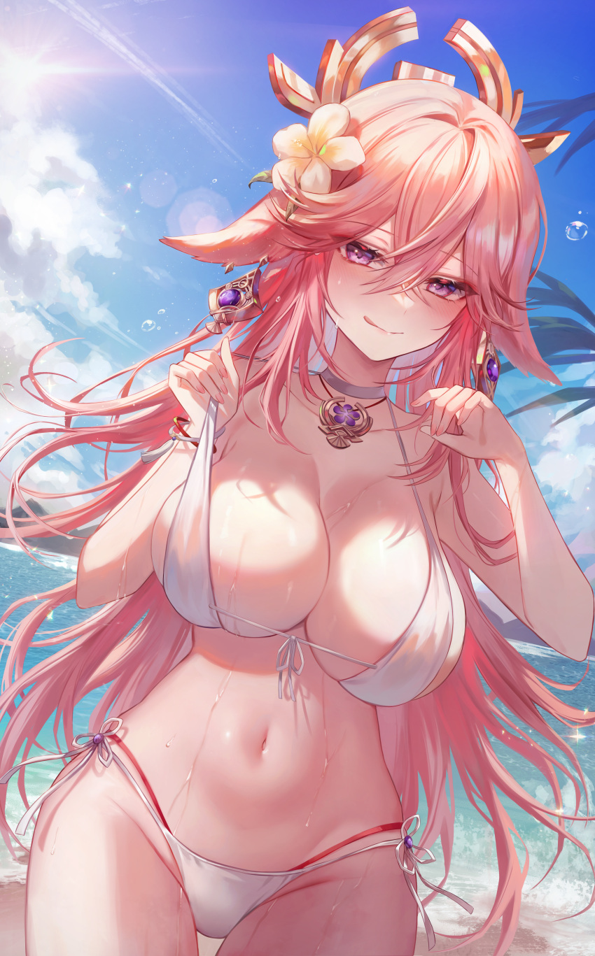 1girl absurdres animal_ears bare_shoulders beach bikini blue_sky blush breasts choker cleavage collarbone day earrings fox_ears genshin_impact gz_(gyoju) hair_ornament highres jewelry large_breasts licking_lips long_hair looking_at_viewer navel necklace outdoors pendant pink_hair purple_eyes shore sidelocks sky smile solo swimsuit thighs tongue tongue_out very_long_hair wet white_bikini yae_miko
