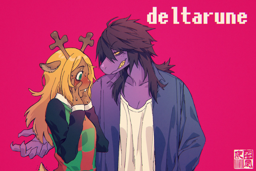 2girls animal_ears antlers black_hair blonde_hair deer deer_antlers deer_ears deer_girl deer_tail deltarune furry furry_female highres jacket multiple_girls nervous noelle_holiday purple_jacket reptile reptile_girl shirt smile susie_(deltarune) sweater tail undertale white_shirt yellow_eyes yellow_teeth yokaze_(xxxdisxxx)