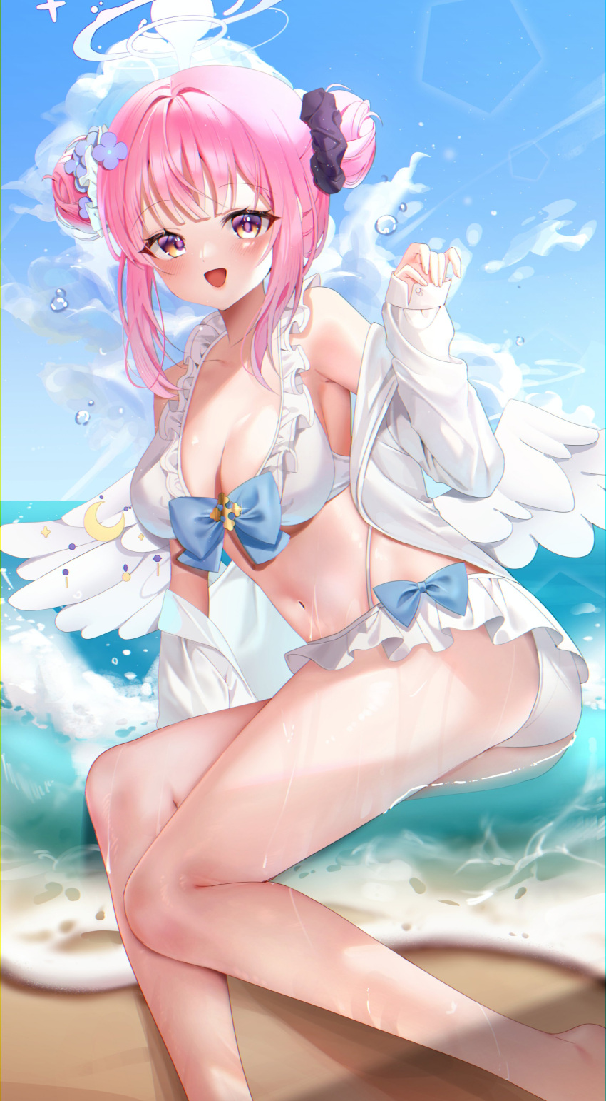 1girl absurdres angel_wings bare_legs bare_shoulders beach bikini blue_archive blue_bow blue_sky blush bow breasts cleavage cloud cloudy_sky collarbone crescent cross day double_bun educk feathered_wings flower frilled_bikini frilled_ribbon frills glint hair_bun hair_flower hair_ornament hair_ribbon hair_scrunchie halo highres large_breasts legs long_bangs long_sleeves looking_at_viewer low_wings mika_(blue_archive) navel ocean open_clothes open_mouth open_shirt outdoors pink_hair pink_halo purple_flower purple_scrunchie raised_eyebrows ribbon sand scrunchie shirt shirt_partially_removed sky sleeves_past_wrists smile solo stomach swimsuit thighs water white_bikini white_ribbon white_shirt white_wings wing_ornament wings yellow_eyes
