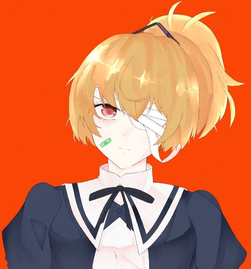 1girl andou_tazusa arms_at_sides assault_lily bandaged_head bandages bandaid bandaid_on_face black_ribbon blonde_hair breasts buttons closed_mouth commentary_request expressionless hair_between_eyes hair_ribbon high_ponytail highres light_particles looking_at_viewer medium_breasts neck_ribbon on_(phantasm_flower) one_eye_covered ponytail portrait puffy_sleeves purple_ribbon red_background red_eyes ribbon school_uniform shirt short_hair simple_background solo striped striped_ribbon white_shirt yurigaoka_girls_academy_school_uniform