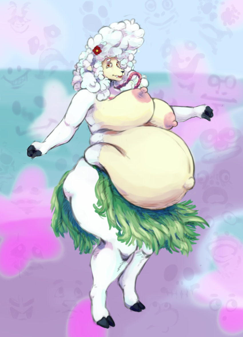 absurd_res anthro awful_lad belly big_belly bovid breasts caprine exposed_breasts female grass_skirt hi_res mammal nipples overweight overweight_female pregnant sha_(twf) sheep solo the_walten_files thick_thighs