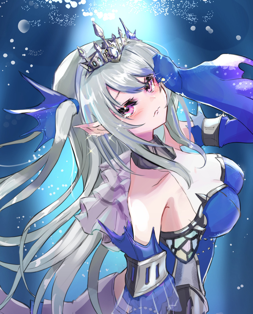 1girl bare_shoulders blue_dress blue_sleeves breasts detached_sleeves dress duel_monster fins from_side hand_on_own_face head_fins highres long_hair long_sleeves medium_breasts noppe12792533 pink_eyes siren_(mythology) sleeves_past_wrists solo tearlaments_scheiren tears tiara two_side_up white_hair yu-gi-oh!